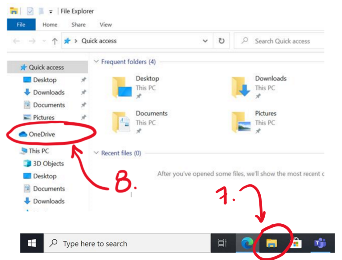 J v File Explorer Share * Qukk access * Qukk access Desktop Documents Pictures OneDrive This PC 3D Objects Desktop Documents Downloads v Frequent folders (4) Desktop v files (O) Search Quick access This PC After you've opened some files. we'll show the most recent c p Type here to search